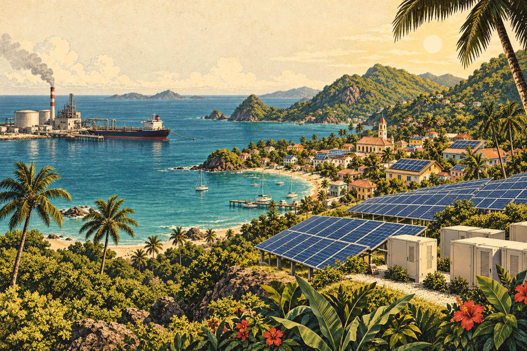 Vintage Caribbean coastal illustration showing a fuel tanker and power plant alongside rooftop solar panels and battery storage.