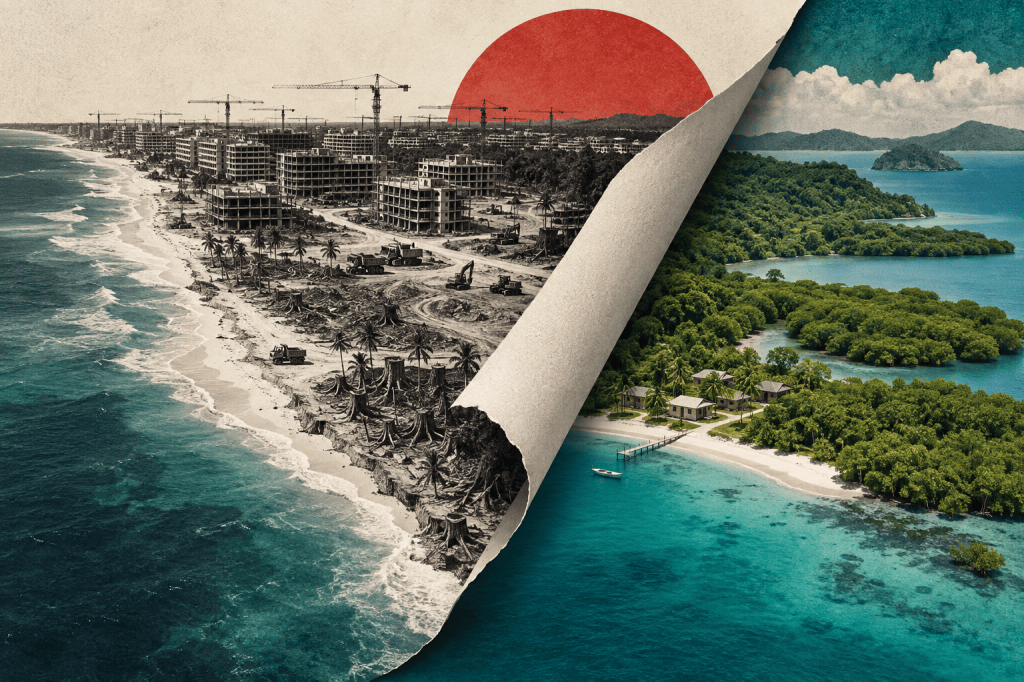 Editorial collage contrasting an overbuilt tropical coastline with protected mangroves and a thriving coastal community.